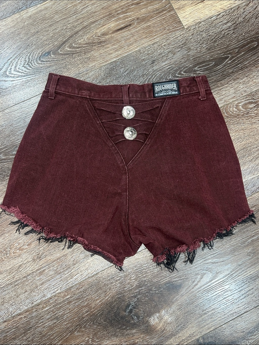 Vintage Roughrider Burgundy Denim Shorts W/ Western Star Silver Conchos